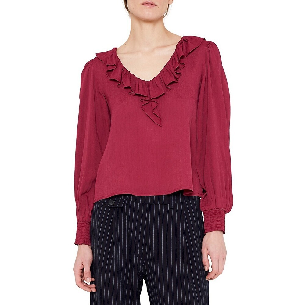 Wild Pony Icon Women's V-Neck Ruffle Blouse Burgundy Size M $109
